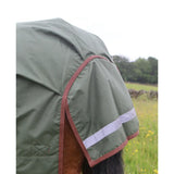 Olive green perf standard 50g lightweight turnout rug for horses with waterproof material red trim and reflective strip