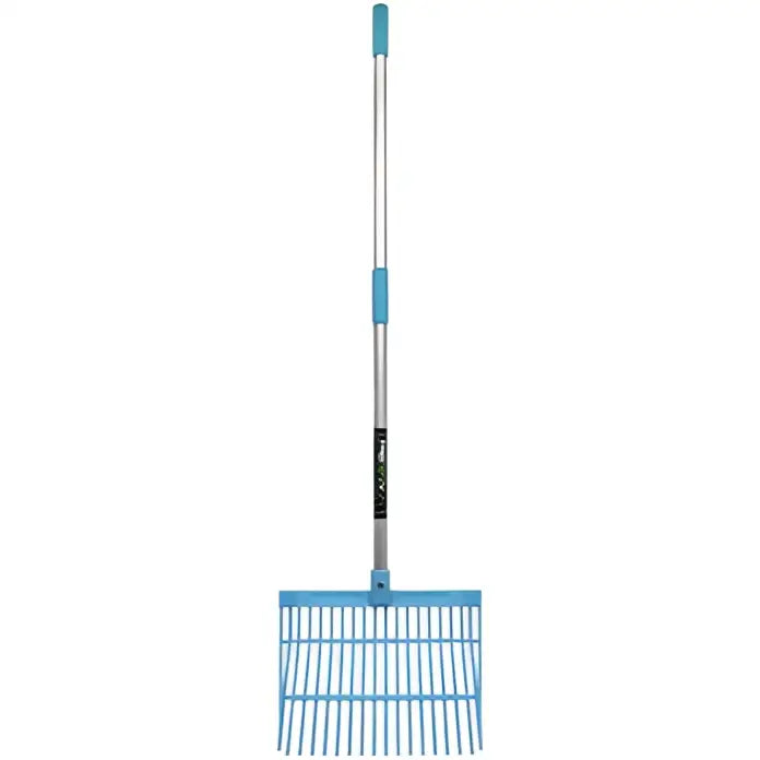 Blue plastic perry equestrian bedding shavings fork with silver metal handle for daily mucking chores