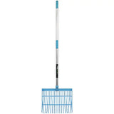 Blue plastic perry equestrian bedding shavings fork with silver metal handle for daily mucking chores