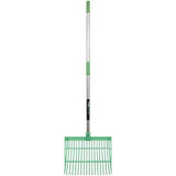 Green plastic perry equestrian bedding shavings fork with silver metal handle and green grip for daily mucking tasks