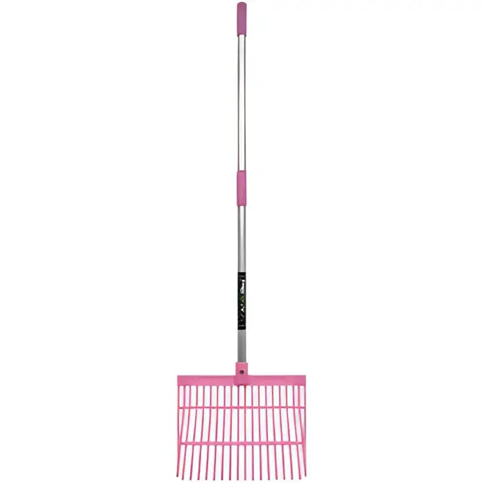 Pink plastic perry equestrian bedding and shavings fork with silver metal handle for daily mucking tasks