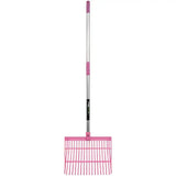 Pink plastic perry equestrian bedding and shavings fork with silver metal handle for daily mucking tasks
