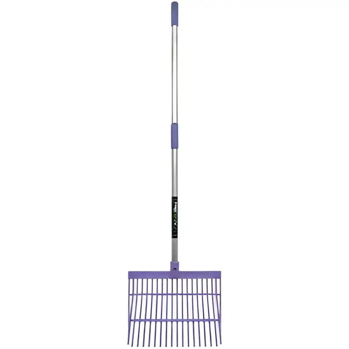Purple plastic perry equestrian bedding shavings fork with silver metal handle for daily mucking tasks