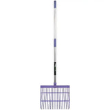 Purple plastic perry equestrian bedding shavings fork with silver metal handle for daily mucking tasks
