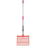 Red plastic perry equestrian bedding shavings fork with silver metal handle and pink grip for daily mucking