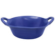 Vibrant cobalt blue ceramic oval baking dish with handles shown alongside perry equestrian biodegradable eco-skip feeders rubber