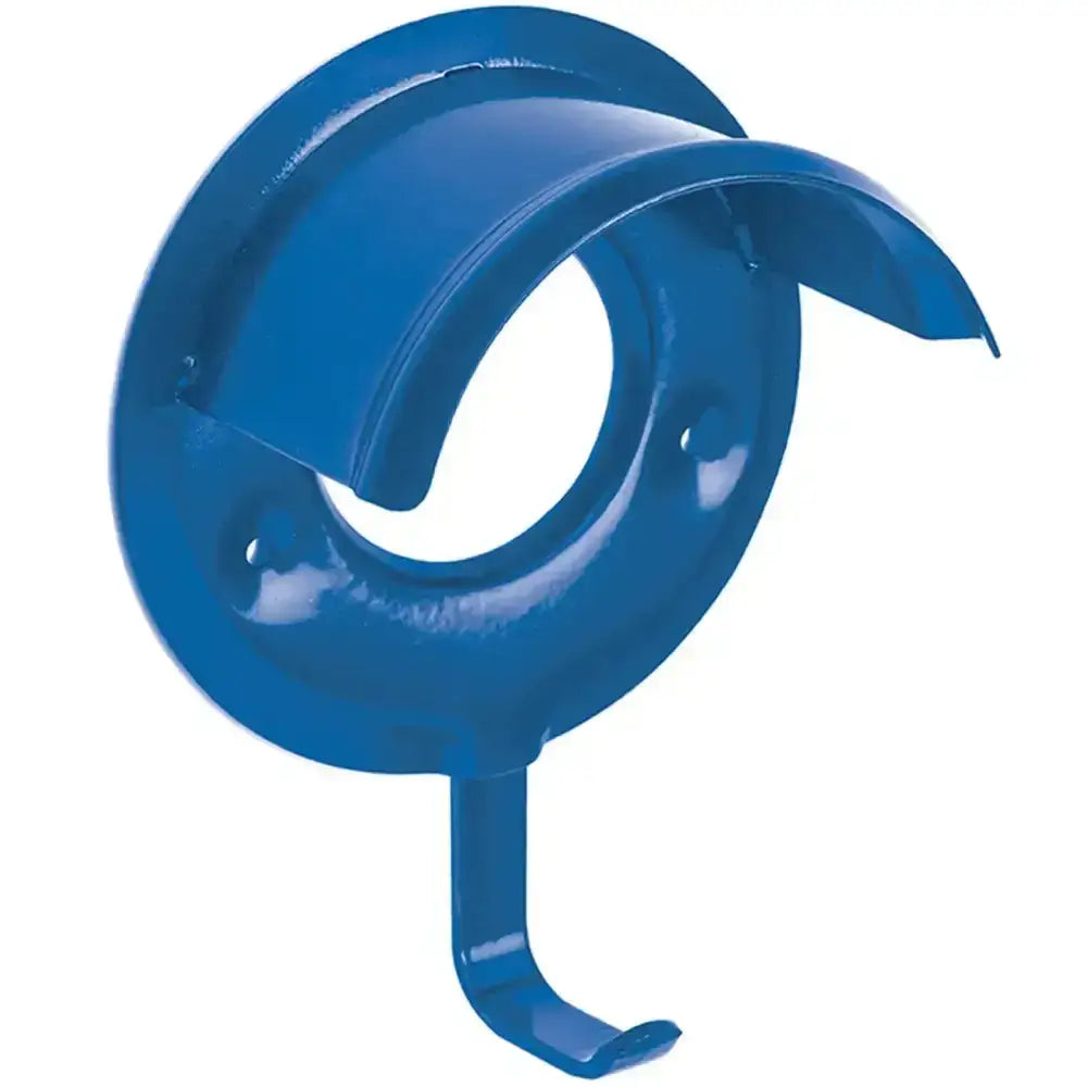Blue metal perry equestrian bridle bracket with curved design and hook to help headcollars maintain shape
