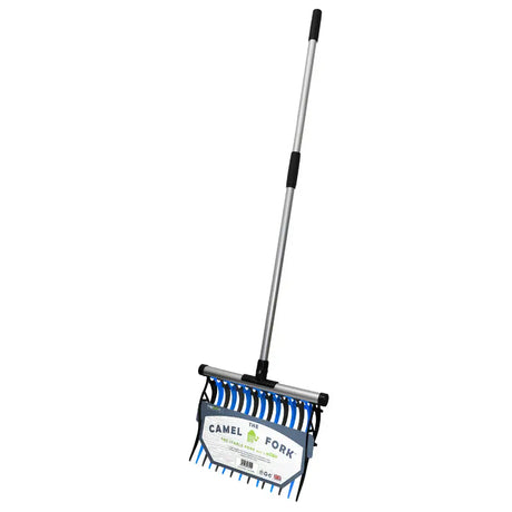 The Perry equestrian camel stable fork features silver aluminum handles with black grips and blue metal tines for yard work