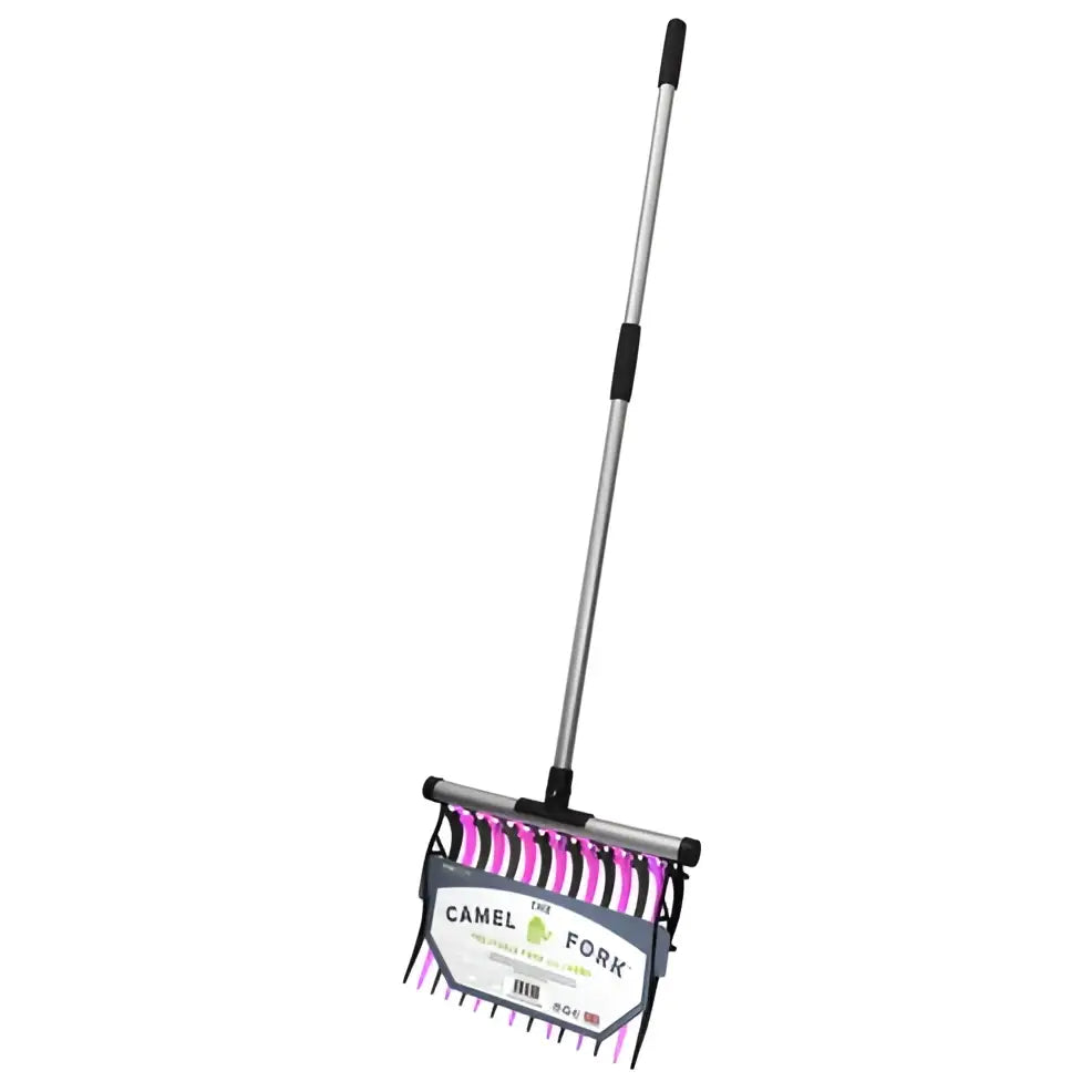 Purple and black metal camel stable fork with long silver perry equestrian replacement stable fork handle