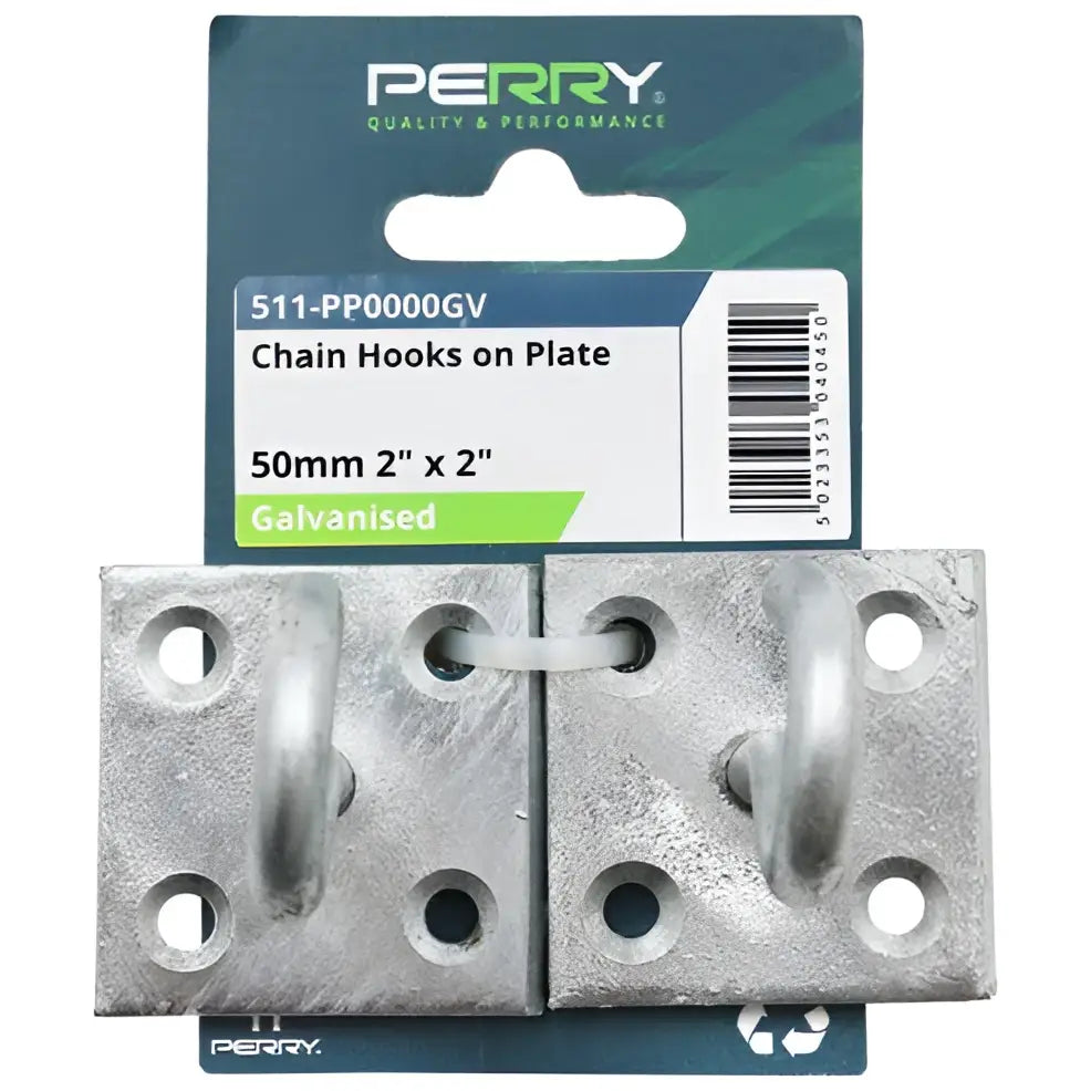 Galvanized metal perry equestrian chain hook on 50mm x 50mm square plates with circular hooks and mounting holes