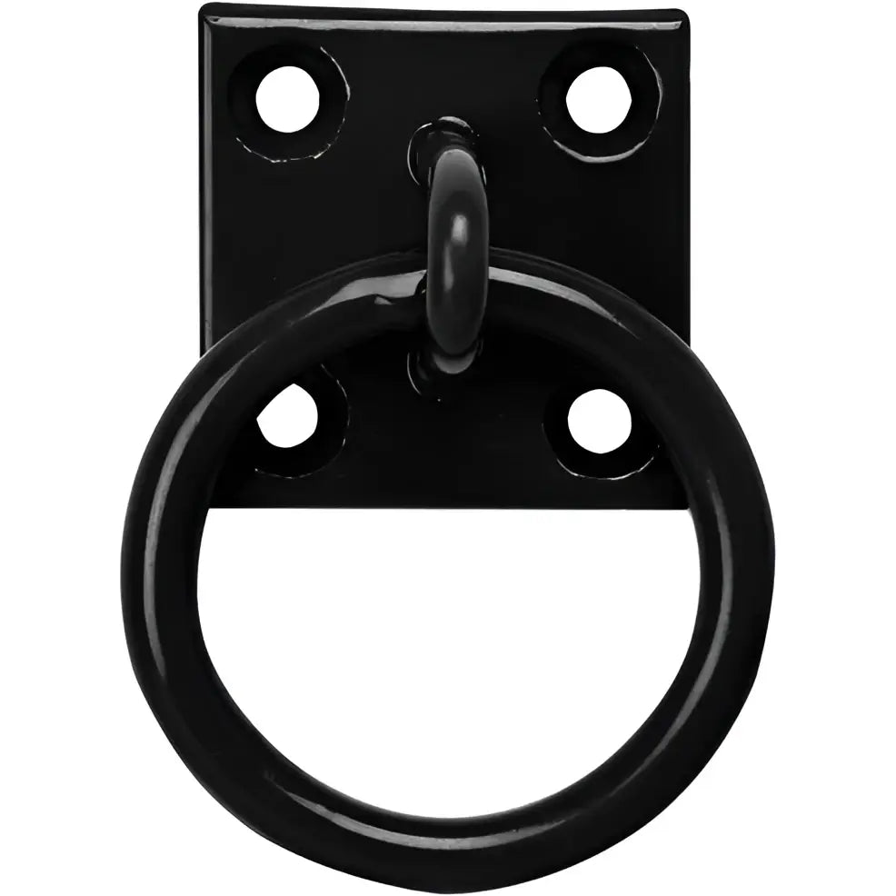 Black metal perry equestrian chain ring door ring with square plate and four mounting holes