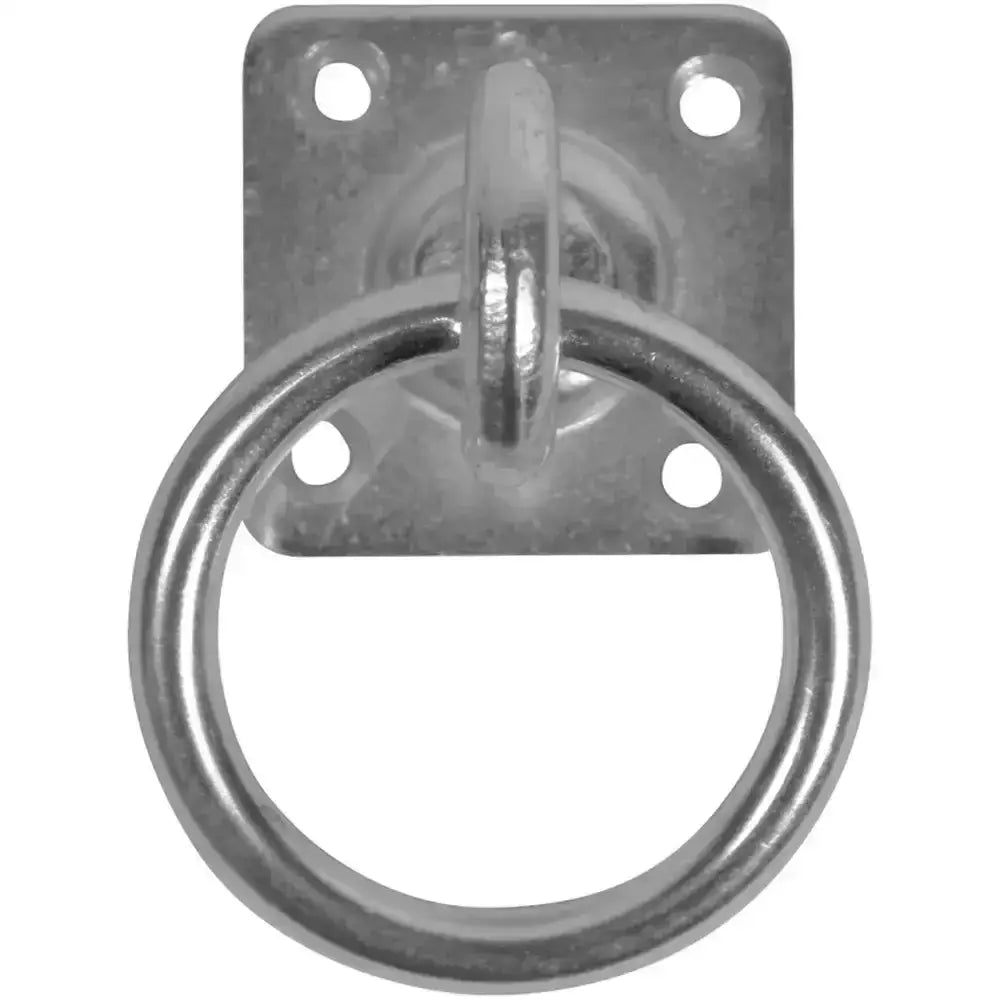 Silver metal perry equestrian chain ring with square plate and four mounting holes for secure attachment