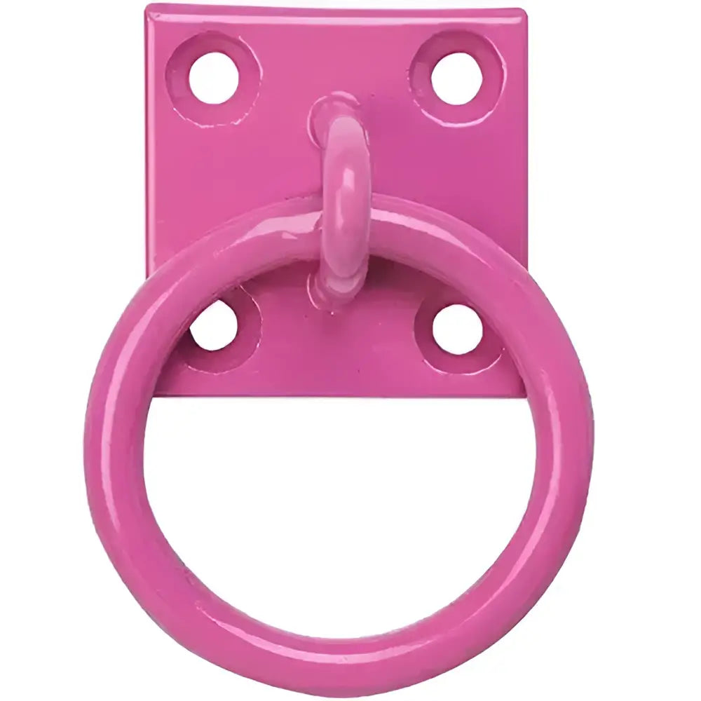 Pink metal perry equestrian chain ring door knocker with square plate and four mounting holes