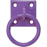 Purple metal perry equestrian chain ring on square plate with four mounting holes for equestrian use