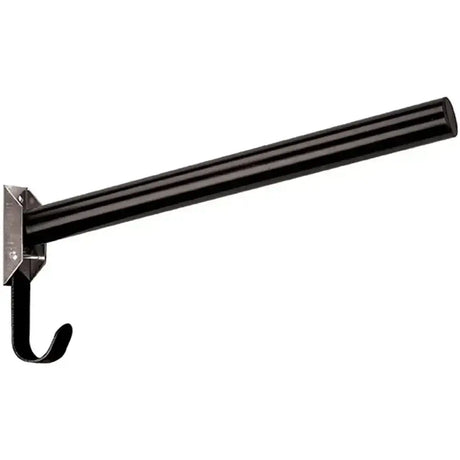 Black metal perry equestrian fold down saddle rack with sleek cylindrical bar and sturdy j-shaped hook for saddle racks hold
