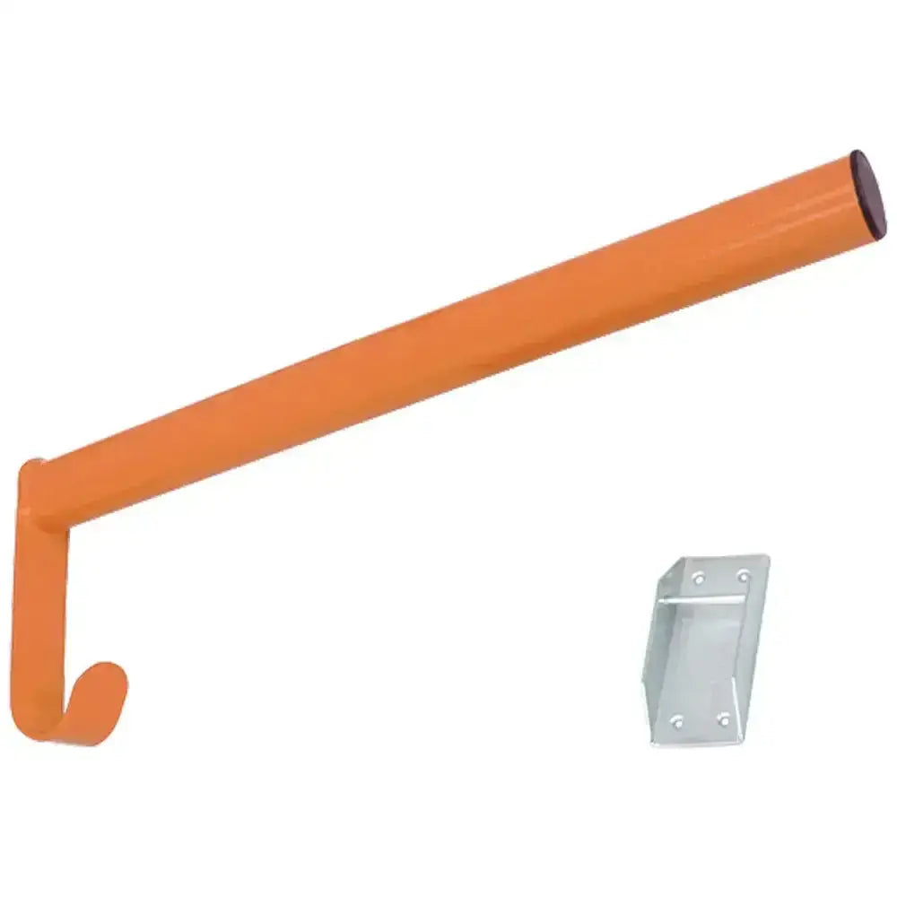 Orange metal perry equestrian fold down saddle rack hook with curved end and flat mounting bracket for saddle racks hold
