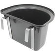 Black plastic pet food bowl with silver metal handles in perry equestrian portable manger equestrian hook design