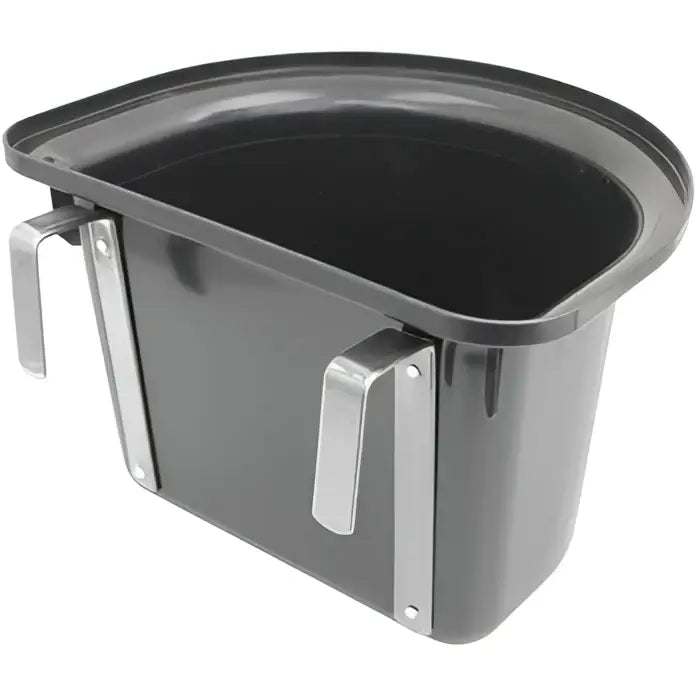 Black plastic pet food bowl with silver metal handles in perry equestrian portable manger equestrian hook design