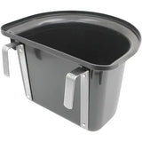 Black plastic pet food bowl with silver metal handles in perry equestrian portable manger equestrian hook design