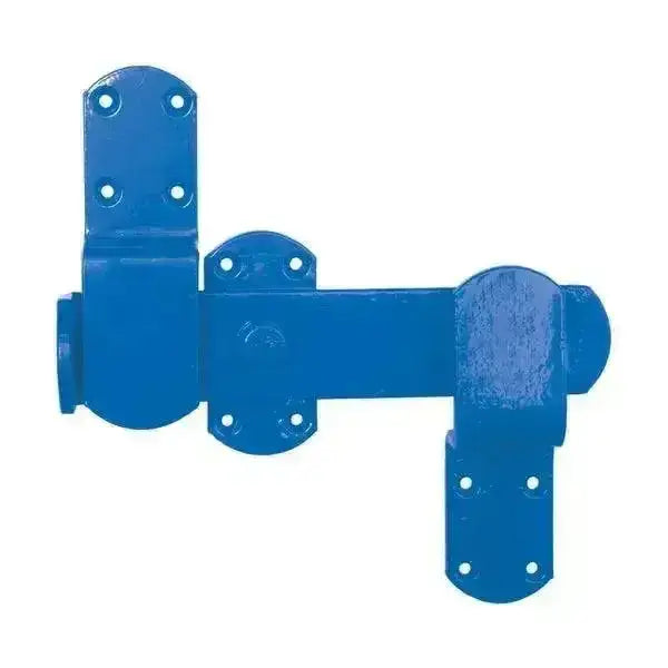 Blue painted metal perry equestrian kickover stable latch with a sturdy industrial design for kickover stable latches