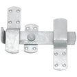 Galvanized metal perry equestrian kickover stable latch with central bolt and four mounting plates for secure closure
