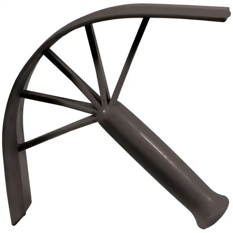 Black metal garden hoe with curved handle and spiked blade next to perry equestrian plastic sweat scraper with long life rubber
