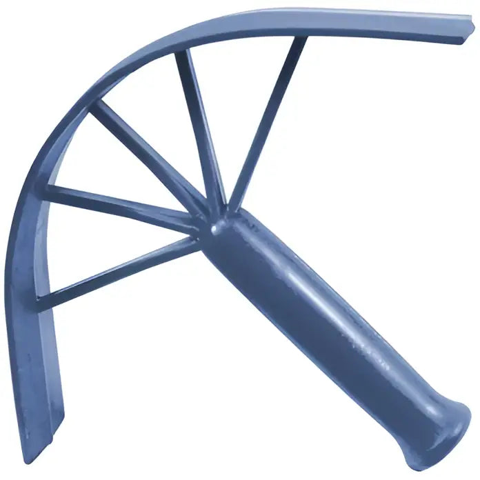 Blue metal garden hoe with curved blade and handle shown with perry equestrian plastic sweat scraper and long life rubber