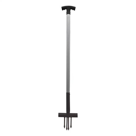 Black and silver perry equestrian ragwort fork with pointed tines and a t-shaped handle for easy digging