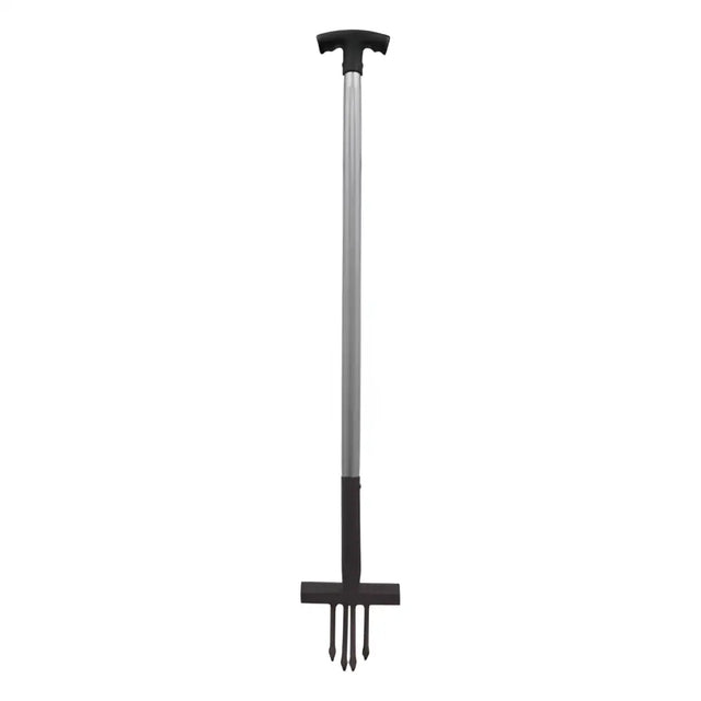 Black and silver perry equestrian ragwort fork with t shaped handle and four pointed tines for garden use