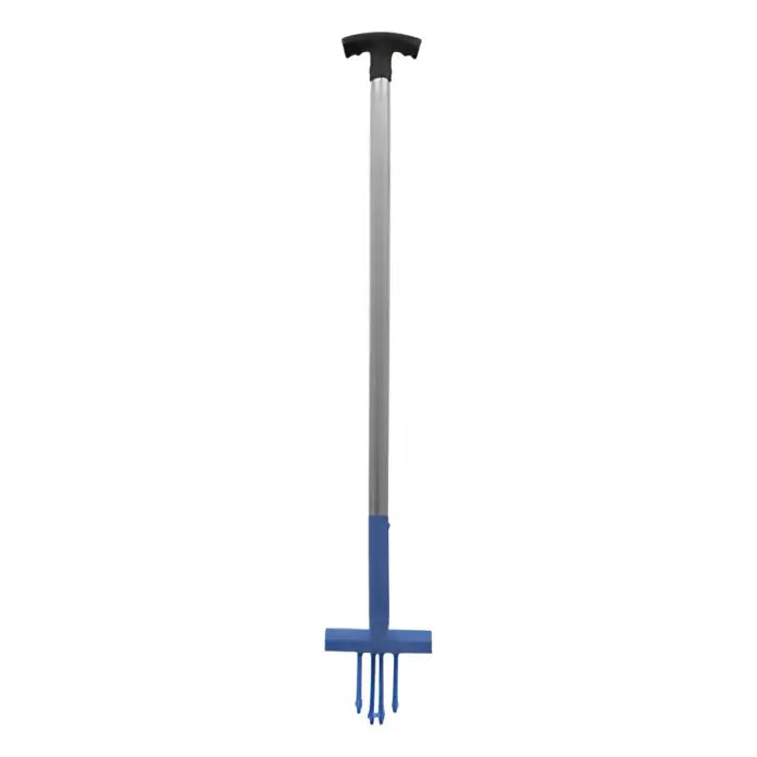 Blue and silver perry equestrian ragwort fork with pointed tines and black t shaped handle for garden use