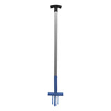 Blue and silver perry equestrian ragwort fork with pointed tines and black t shaped handle for garden use