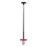 A pink and silver perry equestrian ragwort fork with black t-shaped handle and pointed tines for garden use