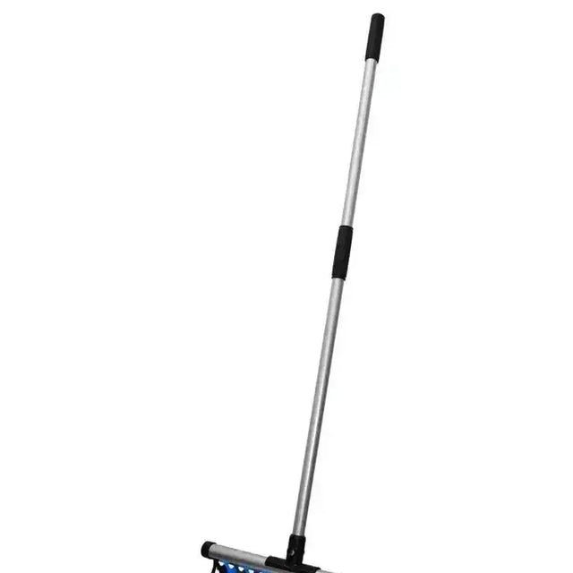 Silver telescoping handle with black rubber grips and blue squeegee head for perry equestrian camel stable fork