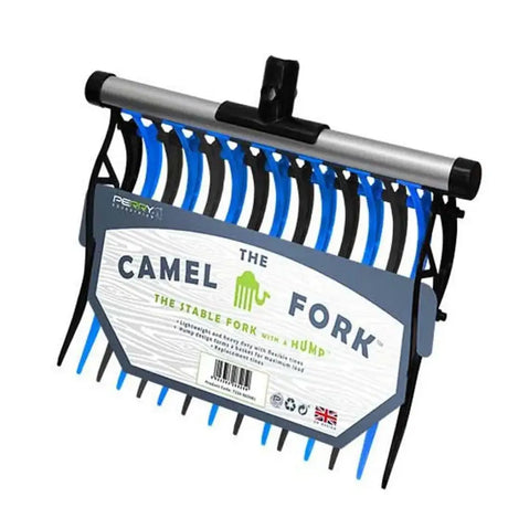 Perry equestrian replacement camel stable fork with sturdy silver metal handle and alternating blue and black plastic tines
