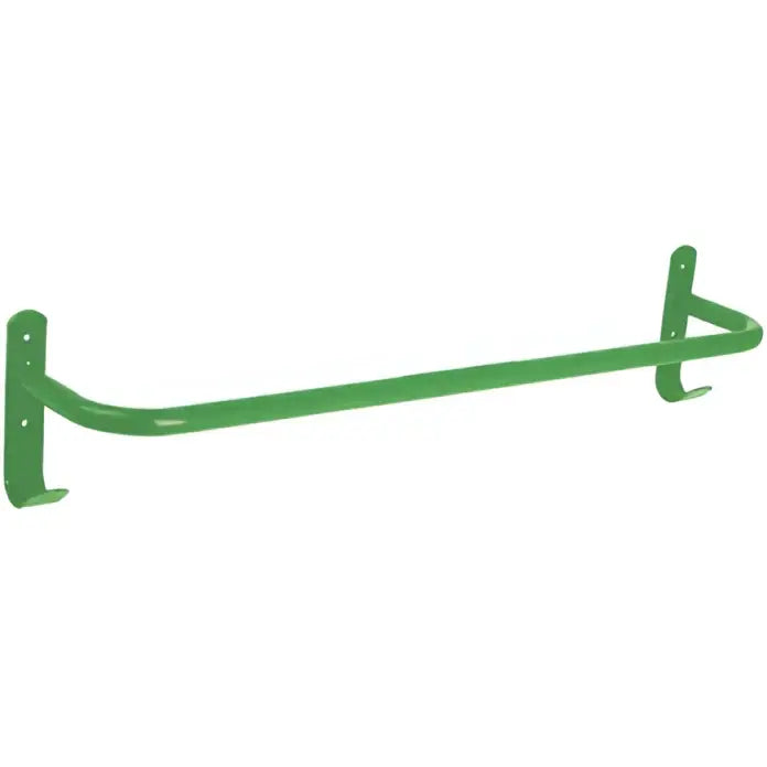 Green metal perry equestrian rug rail with curved design and mounting brackets for easy wall installation