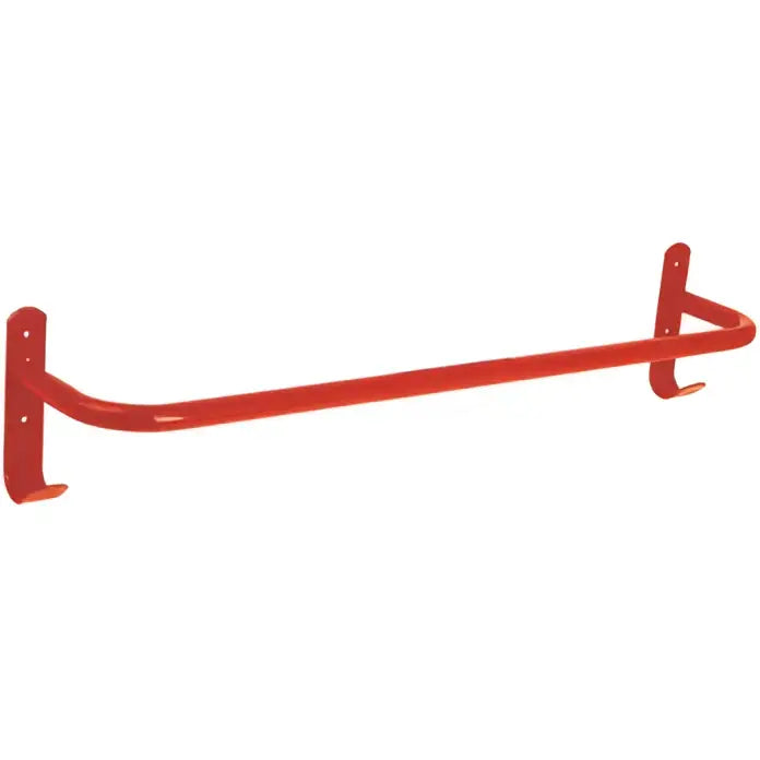 Red metal perry equestrian rug rail with curved design and wall-mounted brackets for easy hanging