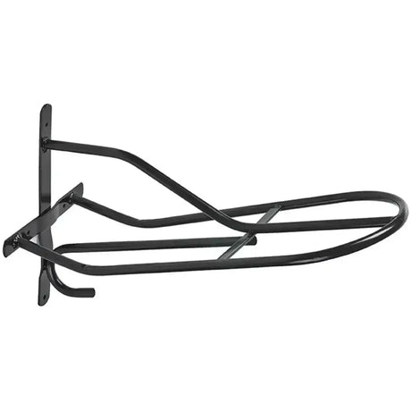 Black metal wall-mounted perry equestrian standard saddle rack with curved bars and sturdy mounting brackets