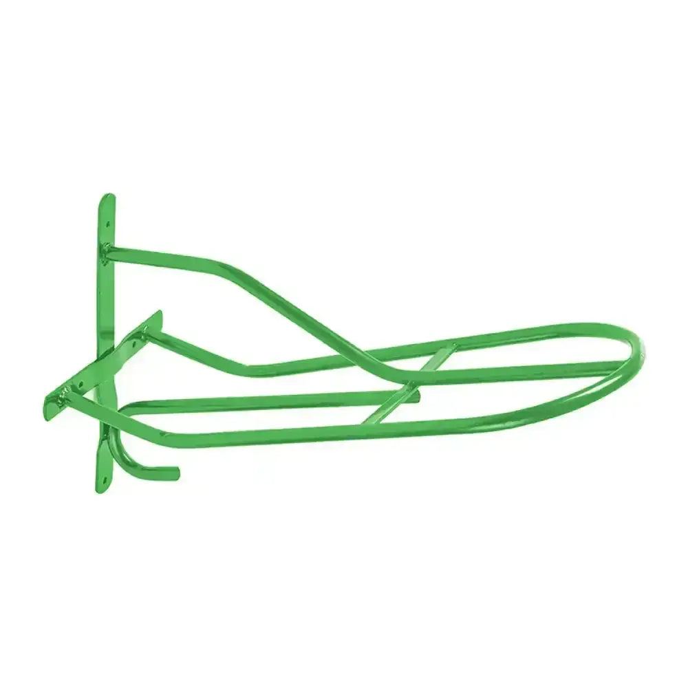 Green metal perry equestrian standard saddle rack with sturdy curved design for secure equestrian standard saddle storage