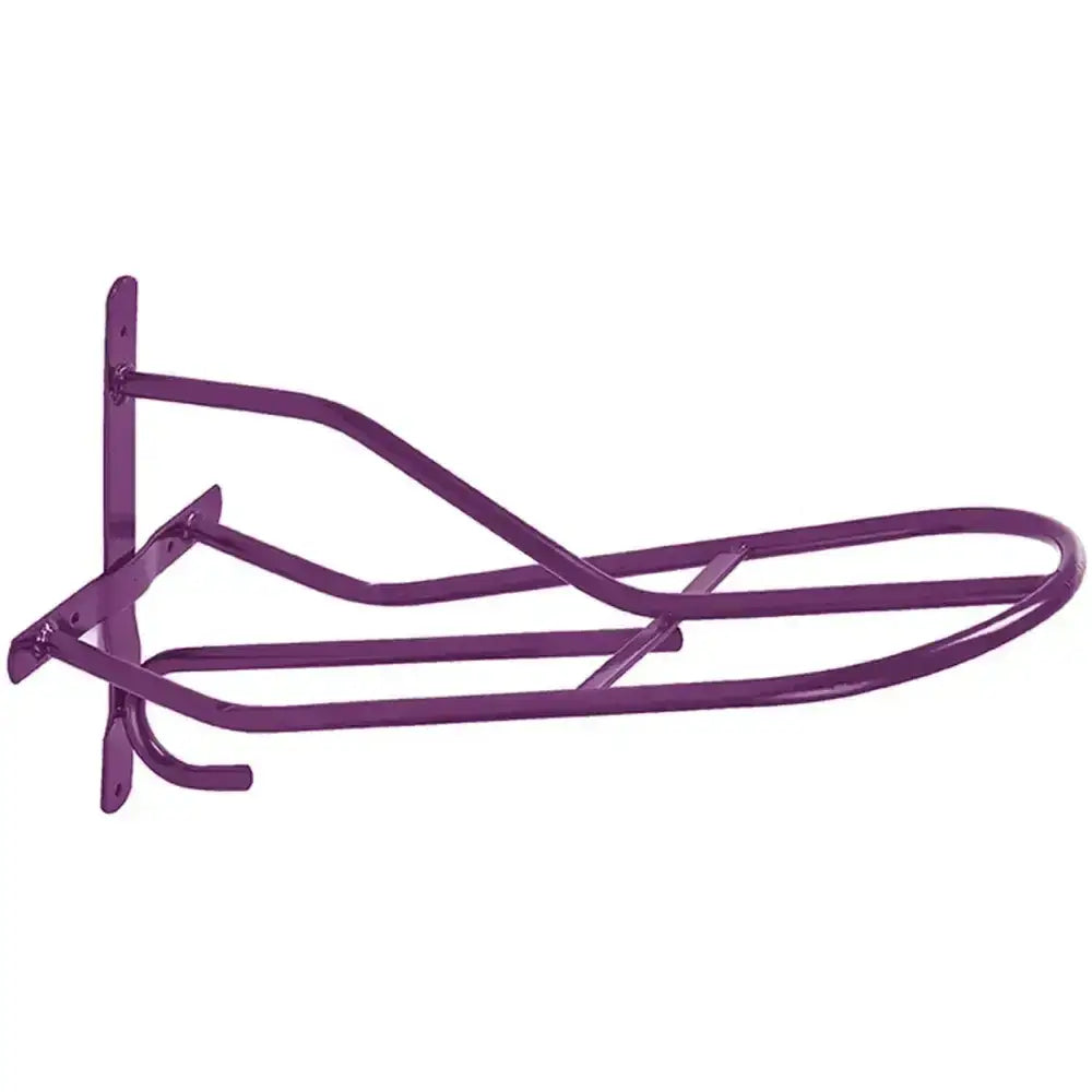 Purple metal perry equestrian standard wall-mounted saddle rack with curved bars for equestrian standard saddle storage