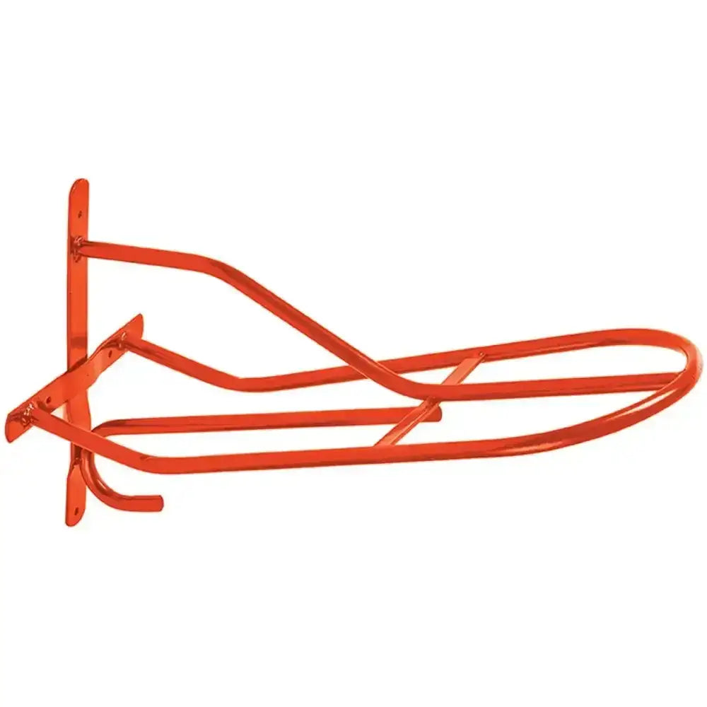 Bright orange metal perry equestrian standard saddle rack with sturdy curved design for secure mounting