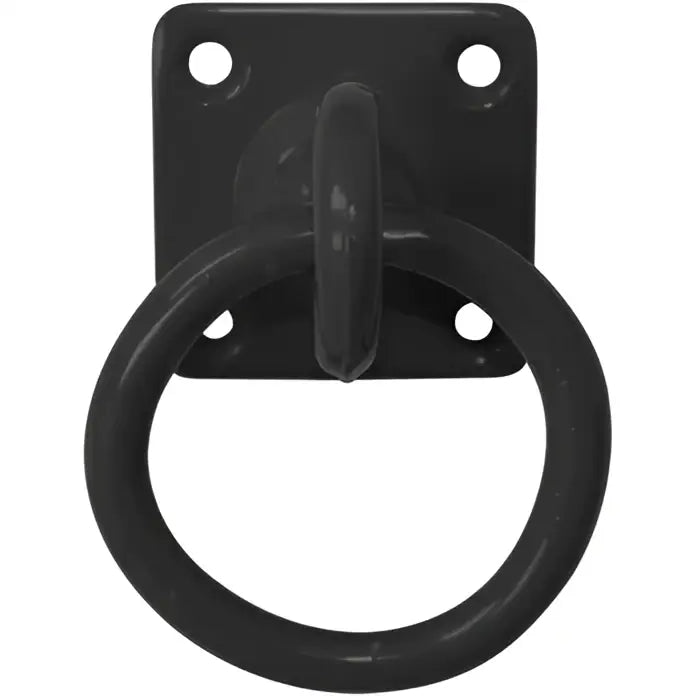 Black wrought iron perry equestrian swivel tie ring with square mounting plate for secure equestrian use