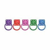 Five colorful perry equestrian swivel tie rings in purple red pink green and blue metal with square bases
