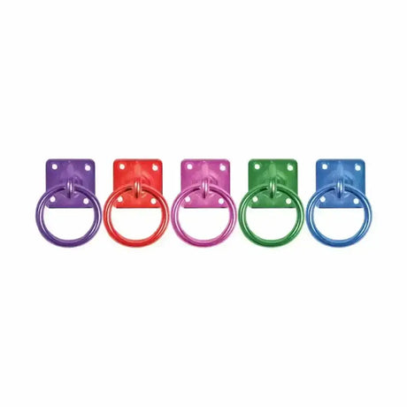 Five colorful perry equestrian swivel tie rings in purple red pink green and blue metal with square bases