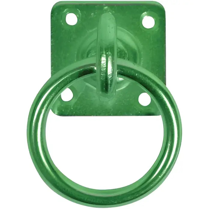 Green painted metal perry equestrian swivel tie ring with square plate and four mounting holes for easy installation