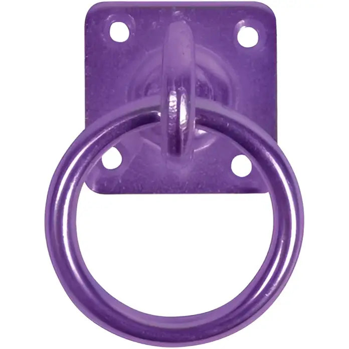 Purple metal perry equestrian swivel tie ring with square plate and four mounting holes for equestrian swivel tie use