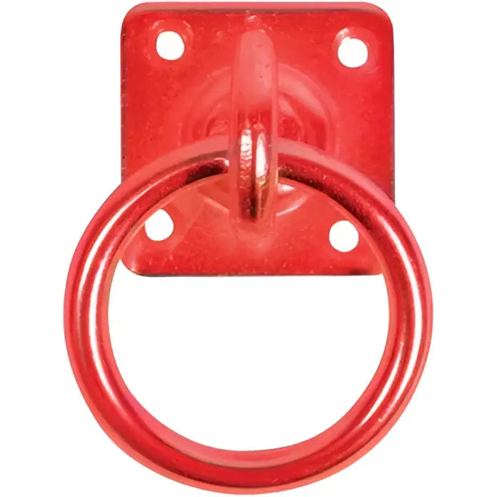 Red painted metal perry equestrian swivel tie ring with square base and four mounting holes for secure use