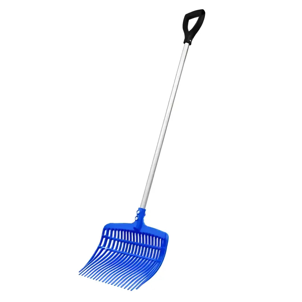 Blue plastic snow rake with black grip and silver shaft part of perry equestrian titan shavings fork with polycarbonate head
