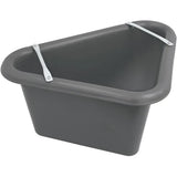 Black plastic triangular feed manger with silver metal hinges on each side by Perry Equestrian 45 litre capacity
