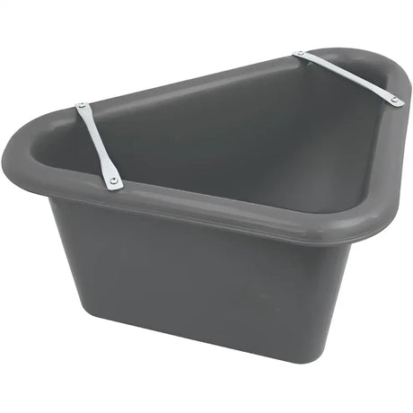 Black plastic triangular feed manger with silver metal hinges on each side by Perry Equestrian 45 litre capacity