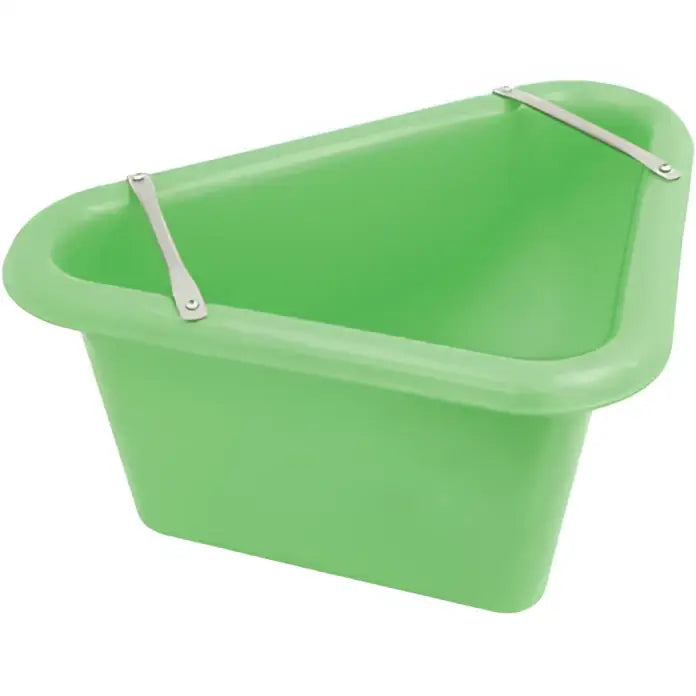 Green triangular plastic bucket with silver metal handles for perry equestrian triangular feed manger 45 litre